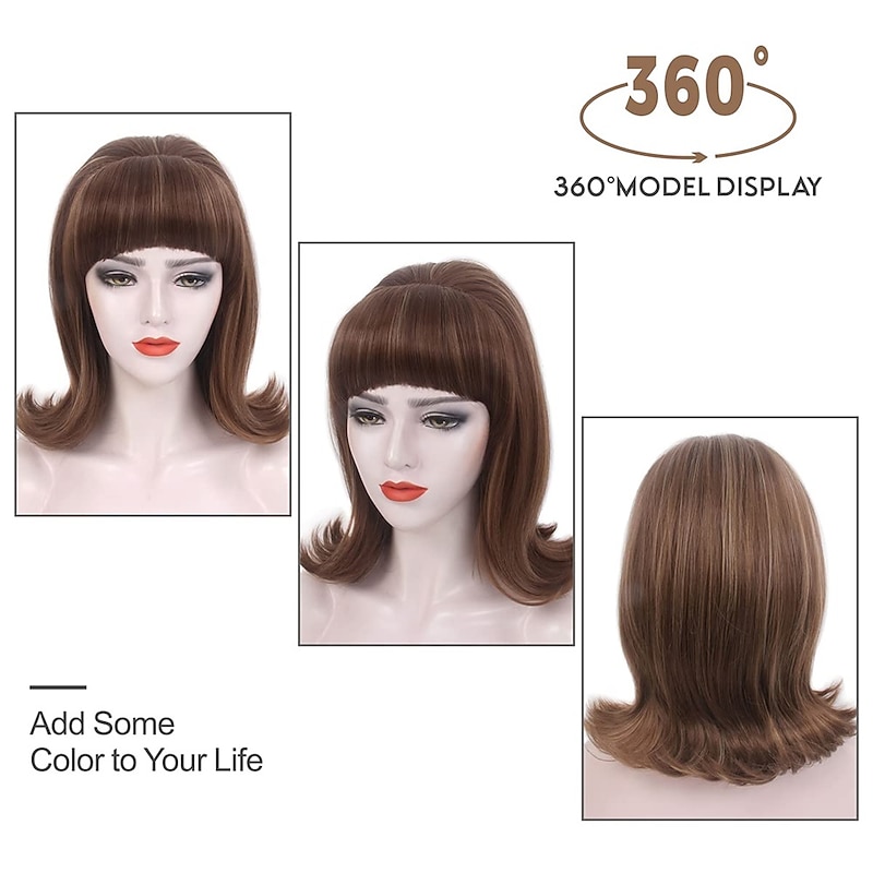 Brown 60s Retro Beehive Wigs for Women 70s Classic Style Cosplay Wig With Bang for Party Carnival Use Costume Cosplay Brown Highlight Halloween Wigs4