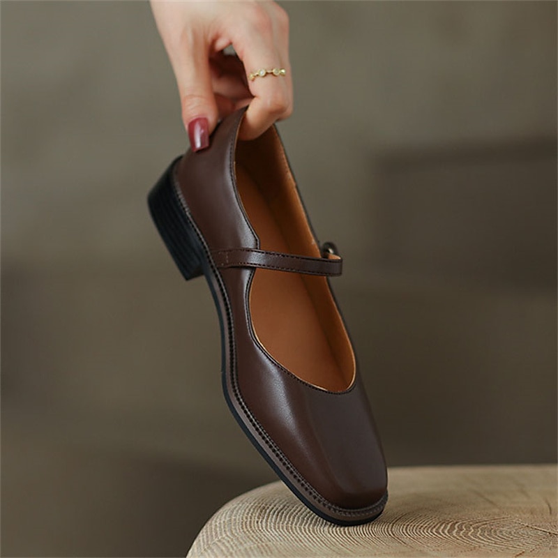 Women's Brown Mary Jane Shoes – Vintage Leather Low Heel Flats with Adjustable Strap, Classic Office & Casual Footwear3