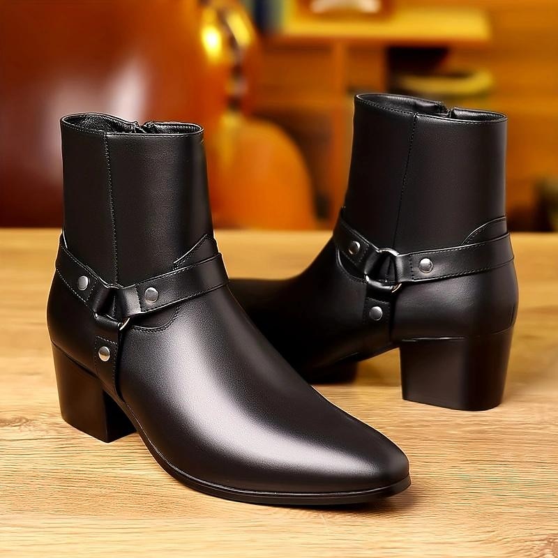 Men's Black Faux Leather Motorcycle Boots with Strap and Buckle Detail - Stylish Mid-Calf Ankle Boots