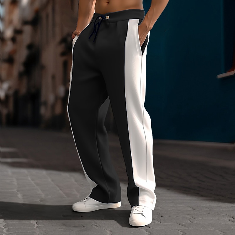 Men's Sweatpants Joggers Trousers Straight Leg Sweatpants Pleated Pants Patchwork Drawstring Elastic Waist Color Block Comfort Breathable Casual Daily Holiday Sports Fashion Black Navy Blue3
