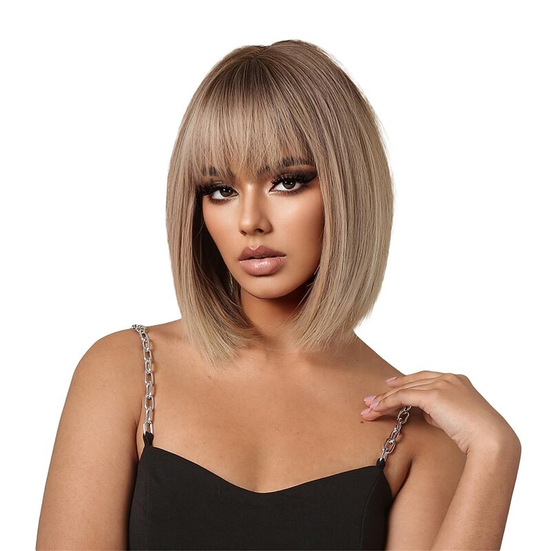 Prreey Bob Wig Human Hair Women Straight Short Blonde Wig 14inch with Adjustable Tab Brown Tea Natural Color Bob Wig with Bangs for Daily (Light Brown)
