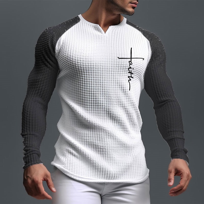 Men's Graphic Letter Faith T Shirt Raglan T Shirt Waffle T Shirt Long Sleeve T shirt 3D Print V Neck Shirt Daily Classic Outdoor Sports Outdoor Casual Going out White Brown Dark Blue Spring &  Fall2