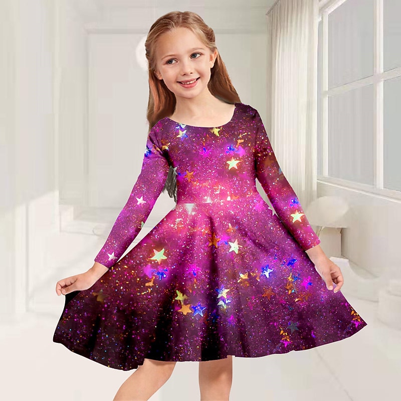 Girls' 3D Stars Dress Long Sleeve 3D Print Fall Winter Vacation Sports & Outdoor Daily Cute Casual Beautiful Kids 3-12 Years Casual Dress A Line Dress Above Knee Regular Fit2