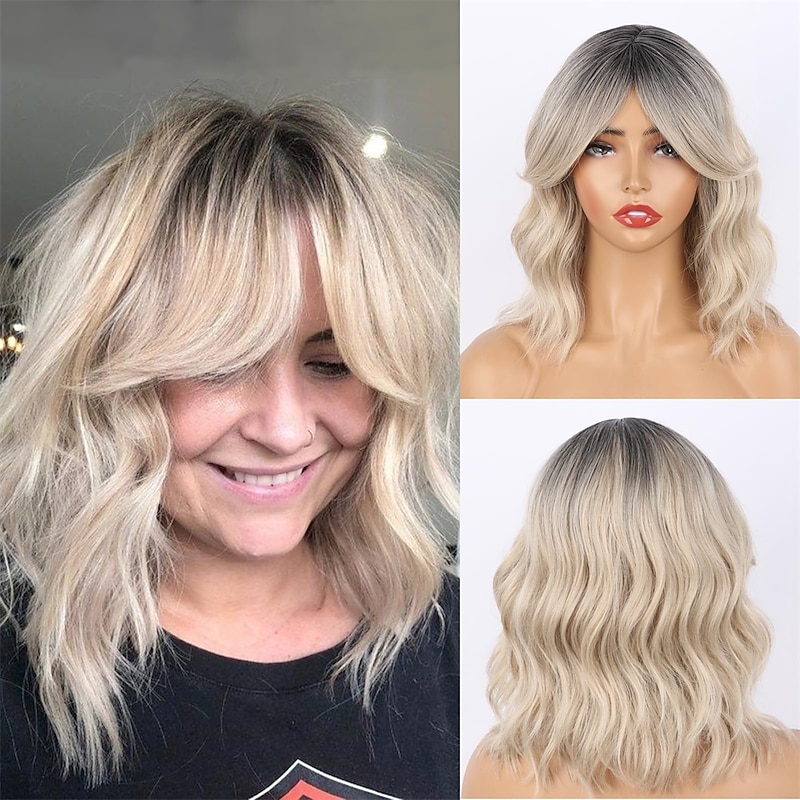 Platinum Blonde Wavy Bob Wig with Curtain Bangs for Women Ombre Blonde Curly Bob Wig for White Women Synthetic Ombre Light Brown Wavy Wig with Dark Roots Short Blond Curly Bob Wavy Wig 14inch