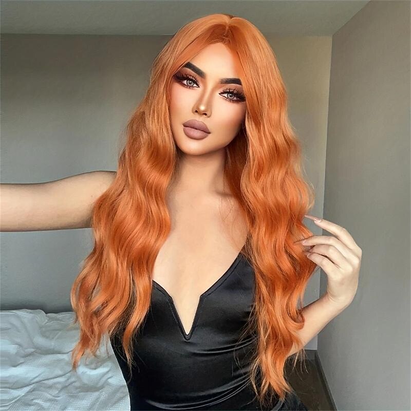 Synthetic Wig Curly Middle Part Wig Long A1 A2 Orange Synthetic Hair Women's Fashionable Design Soft Natural Orange Ombre Dark Gray3