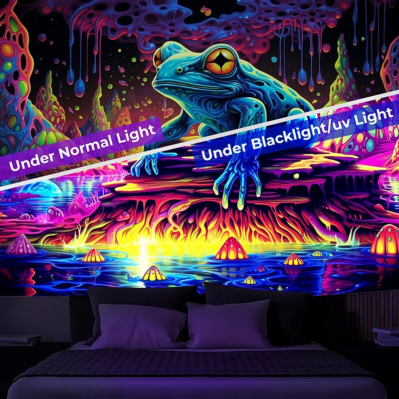 Blacklight Tapestry UV Reactive Glow in the Dark Glow Party Neon Trippy Misty Forest Frog Hanging Tapestry Wall Art Mural for Living Room Bedroom4