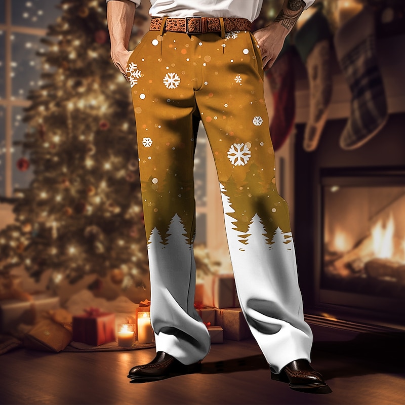 Christmas Men's Christmas Scene Printed Pants Snowflake Business Casual 3D Print Trousers Outdoor Street Wear to work Ugly  Polyester Wine Yellow Blue S M L High Elasticity Pants4