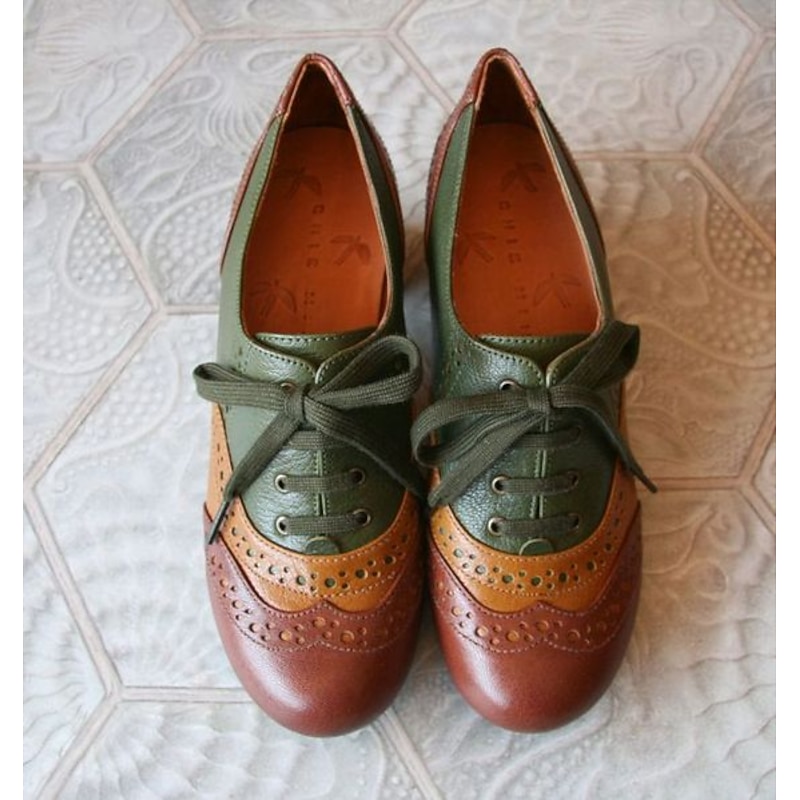 Women's Heels Pumps Brogue Wingtip Shoes Vintage Shoes Party Outdoor Daily Color Block Summer Cone Heel Round Toe Elegant Vacation Cute Leather Buckle Black Yellow Purple2