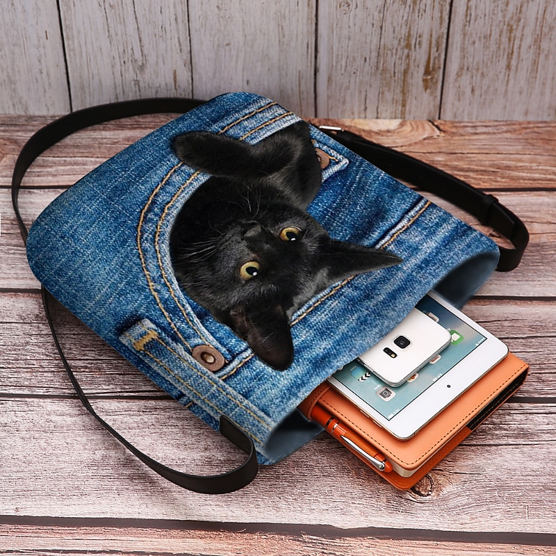 Cute Black Cat Denim Print Crossbody Bag – Casual Women's Shoulder Bag with Adjustable Strap4