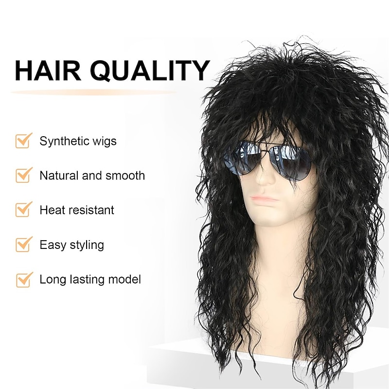 Mens 80s Wig Long Black Curly Wigs Rocker Costume Wig Men Fashion Smart Rocker Style Wig cosplay wig for Carnival2