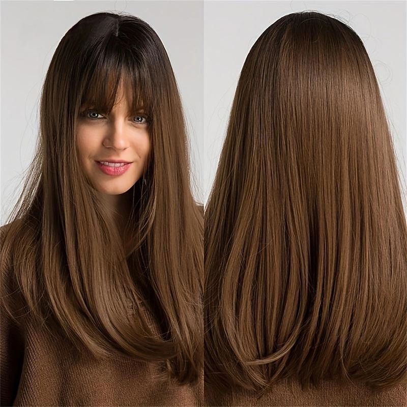 20 Inch Dark Brown Long Straight Wigs With Bangs For Women Synthetic Heat Resistant None Lace Wigs For Daily Party Cosplay Wear