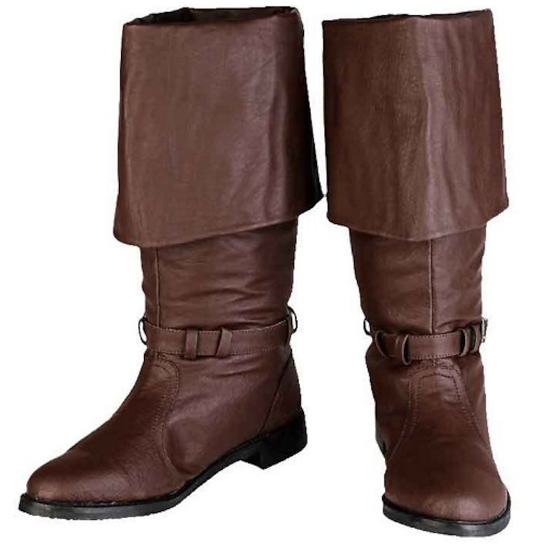 Men's Brown Faux Leather Pirate Boots – Fold-Over Cuff Design with Buckle Accents, Perfect for Costumes, Renaissance Fairs, and Themed Events