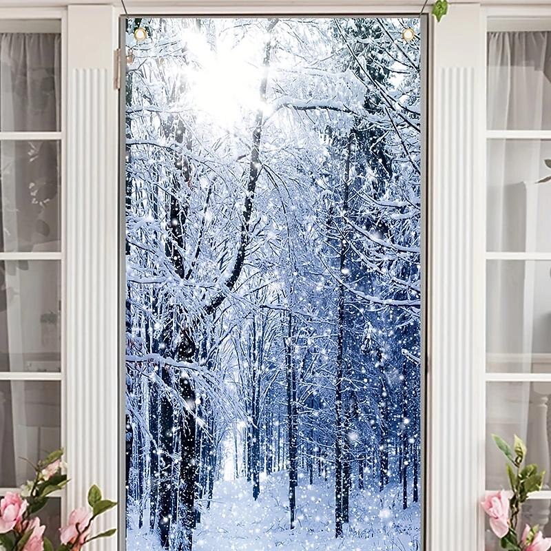 Snowy Forest Winter Door Covers Door Tapestry Door Curtain Decoration Backdrop Door Banner for Front Door Farmhouse Holiday Party Decor Supplies2
