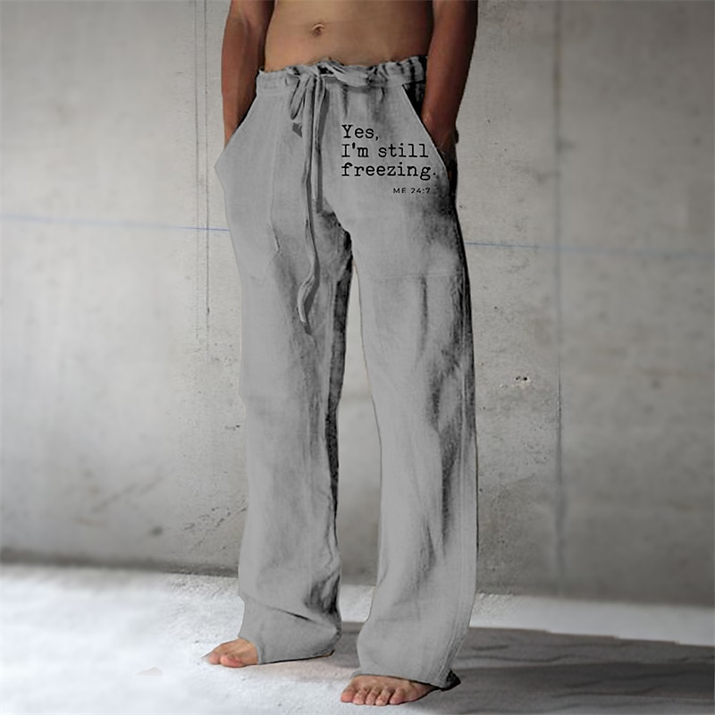 Men's Graphic Letter Linen Pants Pants Trousers Mid Waist Casual Daily Wear Vacation Going out Spring Fall Black White Green3