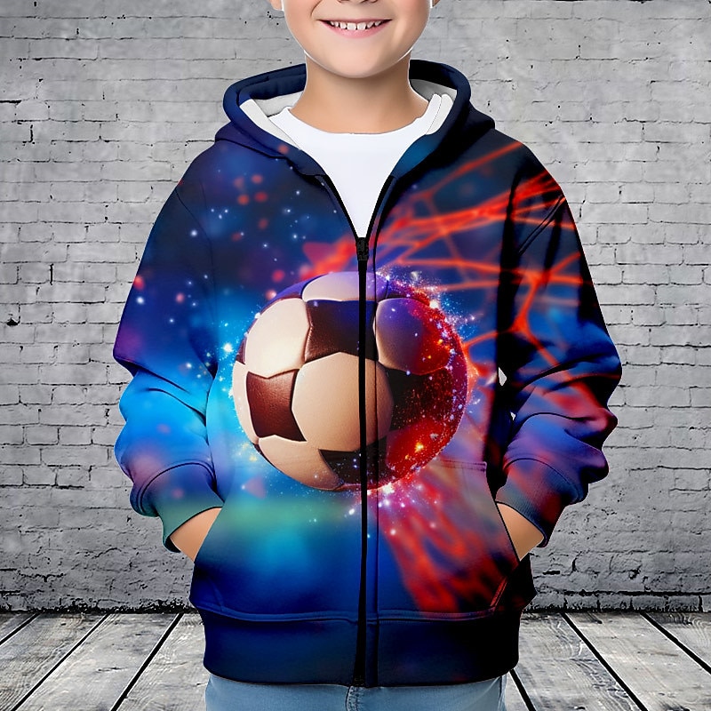 Boys 3D Football Hoodie Coat Outerwear Long Sleeve 3D Print Fall Winter Fashion Streetwear Cool Polyester Kids 3-12 Years Outdoor Casual Daily Regular Fit2