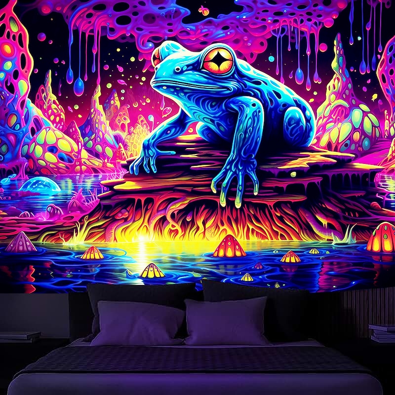 Blacklight Tapestry UV Reactive Glow in the Dark Glow Party Neon Trippy Misty Forest Frog Hanging Tapestry Wall Art Mural for Living Room Bedroom