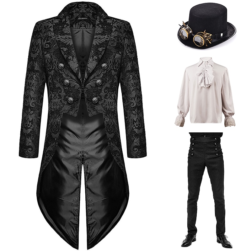 Set with Steampunk Tailcoat High Waisted Pants Top Hat with Goggles Retro Vintage Medieval Coat Jacket Outerwear Straight Leg Trousers Vampire Outfits Men's Cosplay Costume Masquerade Party Evening2