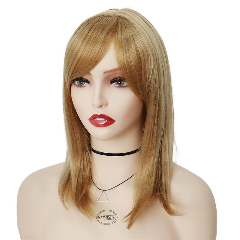 Wigs Strawberry Blonde Wig with Bangs Synthetic Hair Full Natural Wig Straight Medium Length Bob Wig Halloween Costume Wigs for Women Cosplay Wigs 14"3