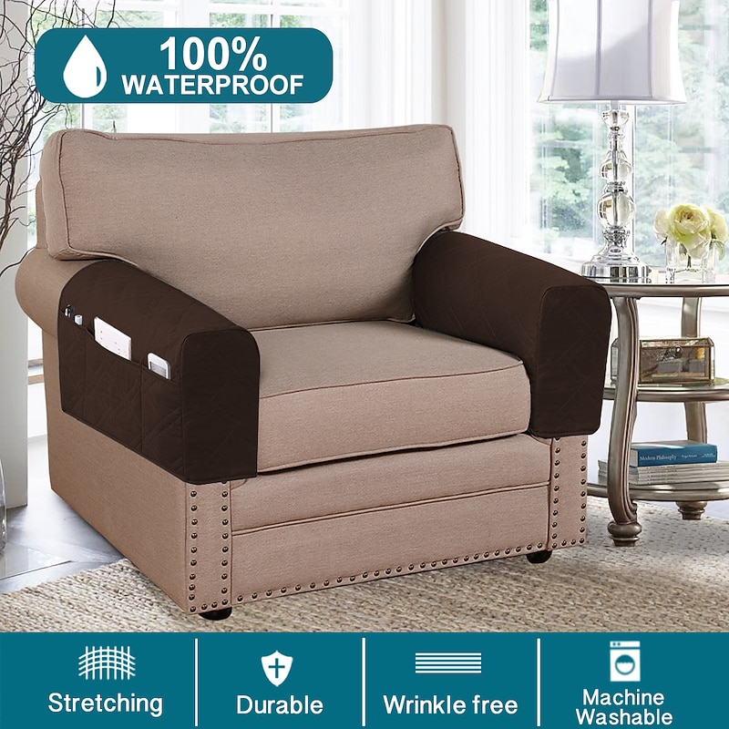2 Pcs 100% Waterproof Armrest Covers for Chairs and Sofas Couch Arm Covers for Sofa Armrest Covers with Side Pocket Anti-Slip Furniture Protector Washable2