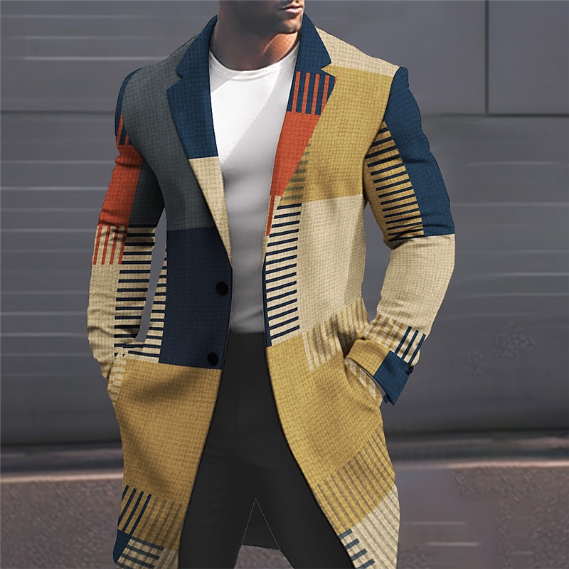 Men's Plaid Checkered Winter Coat Overcoat Coat Warm Comfortable Breathable Business Casual Work Wear to work Going out Pocket Print Fall & Winter Turndown Long Sleeve Orange khaki2