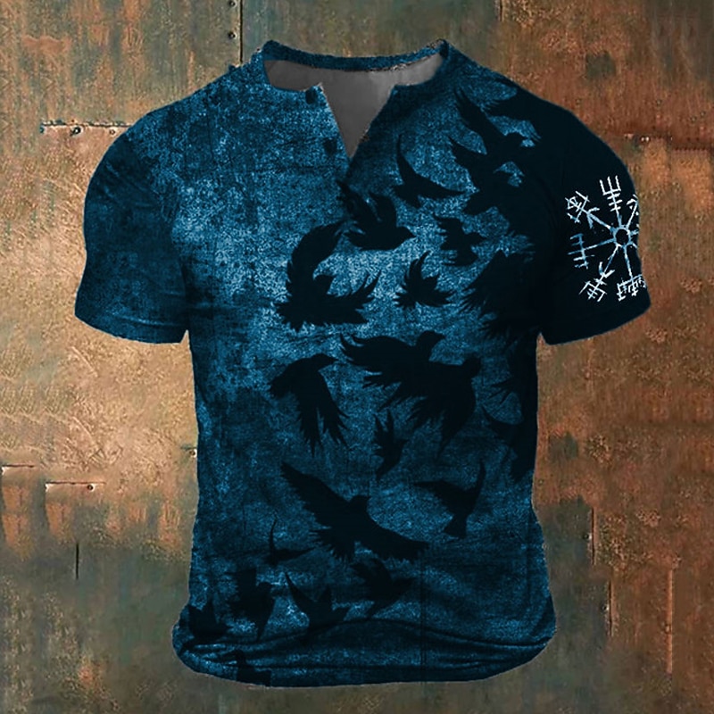 Men's Graphic Animal Viking T shirt Henley Shirt Short Sleeve 3D Print Fashion Retro Vintage Classic Sports Outdoor Holiday Going out Spring & Summer Blue Brown Green Gray Henley Henley T-Shirt3