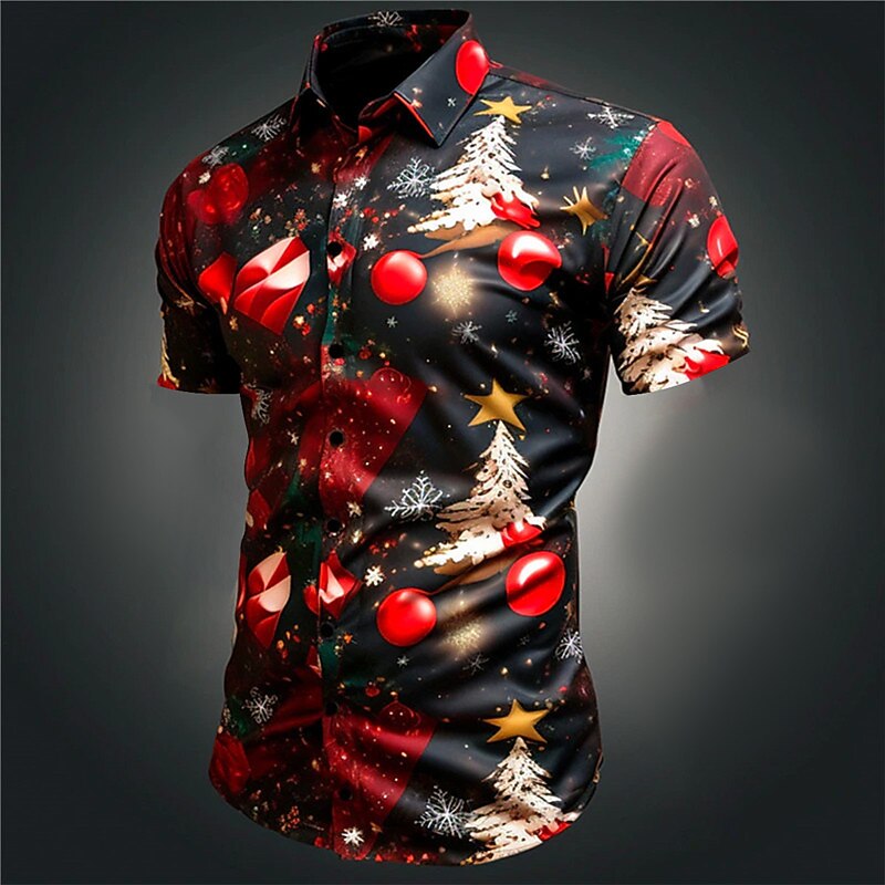 Christmas Santa Claus Tree Bell Casual Men's Shirt Daily Wear Going out Weekend Autumn / Fall Turndown Short Sleeves Black, White, Red S, M, L 4-Way Stretch Fabric Shirt4