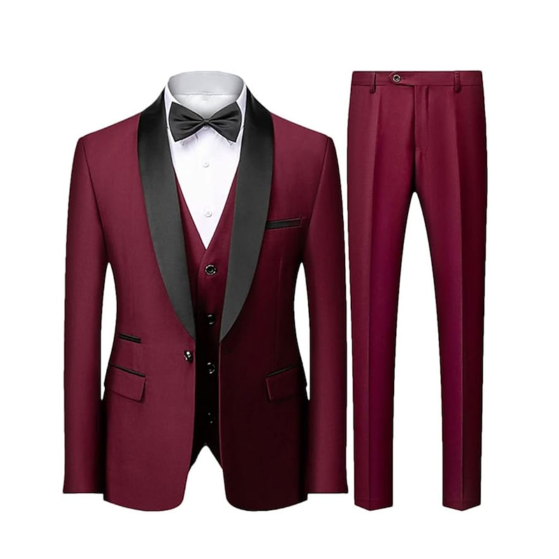 Men's Party Prom Tuxedos Dark Grey Black Textured Tailored Fit 3 Piece Single Breasted One-button