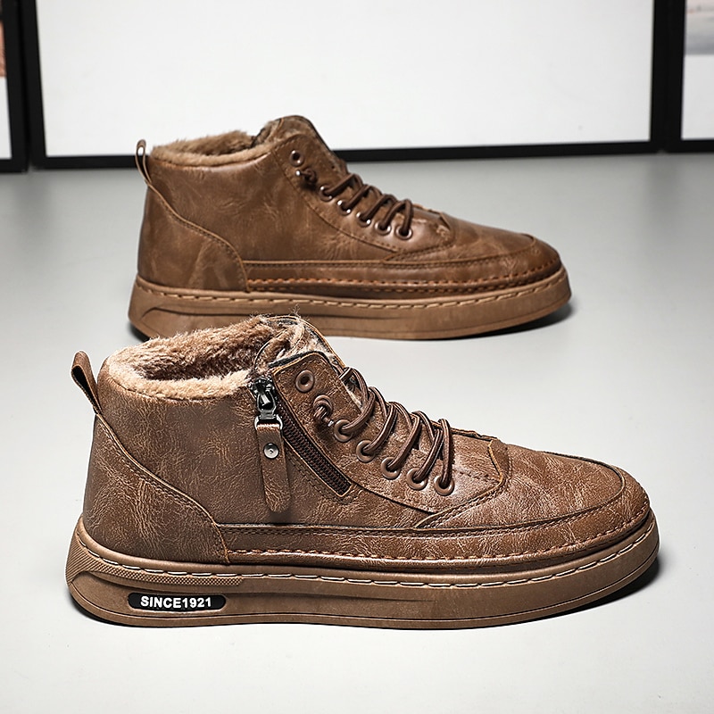 Men's Brown Fur-Lined Winter Boots - Warm, Waterproof Faux Leather Shoes with Zipper Closure for Outdoor Adventures3