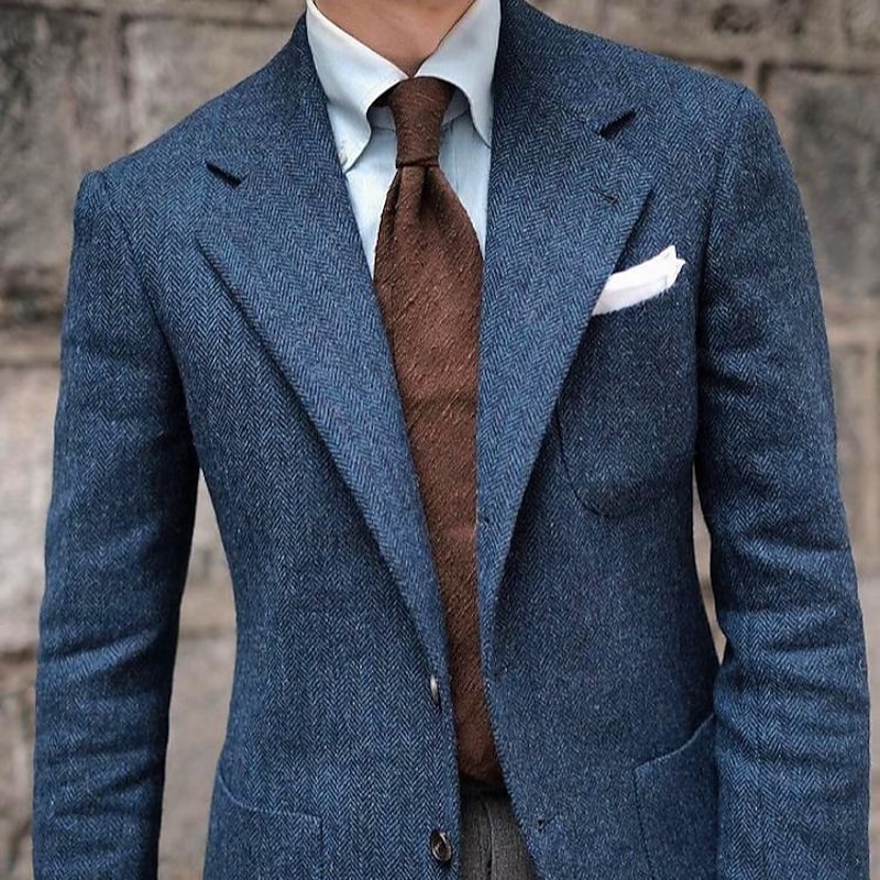 Men's Tweed Blazer Notch Collar Retro Vintage Herringbone Blazer Blue Plus Size Single Breasted Two-buttons2