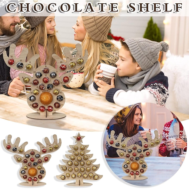Wood Christmas Advent Calendar 2025, 24 Days Countdown Calendar to Christmas with Chocolates Candy Frame, Heart-Shaped Donut Stand, Party Decor Home Desktop Ornament for Kids Boy Girl Toddler