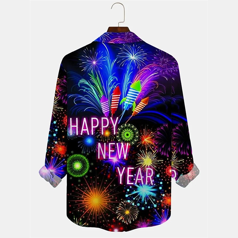 New Year Men's Letter Shirt Long Sleeve Casual Daily Wear Going out Fall & Winter Turndown Print Button-Down Yellow Red Blue Purple Rainbow2
