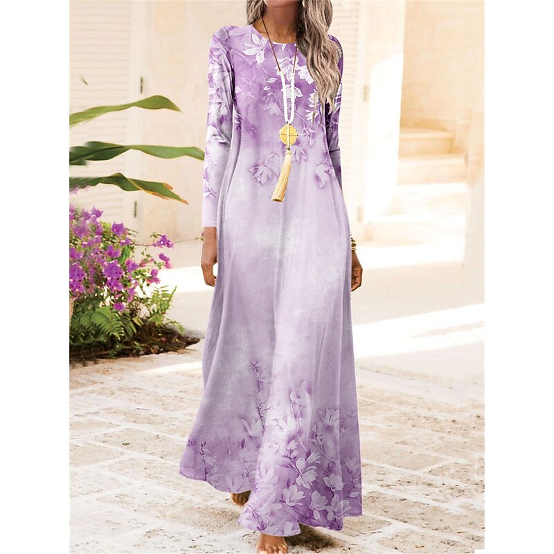 Women's Maxi Dress Vintage Bohemian A Line Dress Crew Neck Long Sleeve Casual Dress Winter Dress Swing Dress Fashion Streetwear Modern Outdoor Daily Date Fit Floral Pink Blue Purple Fall Winter2