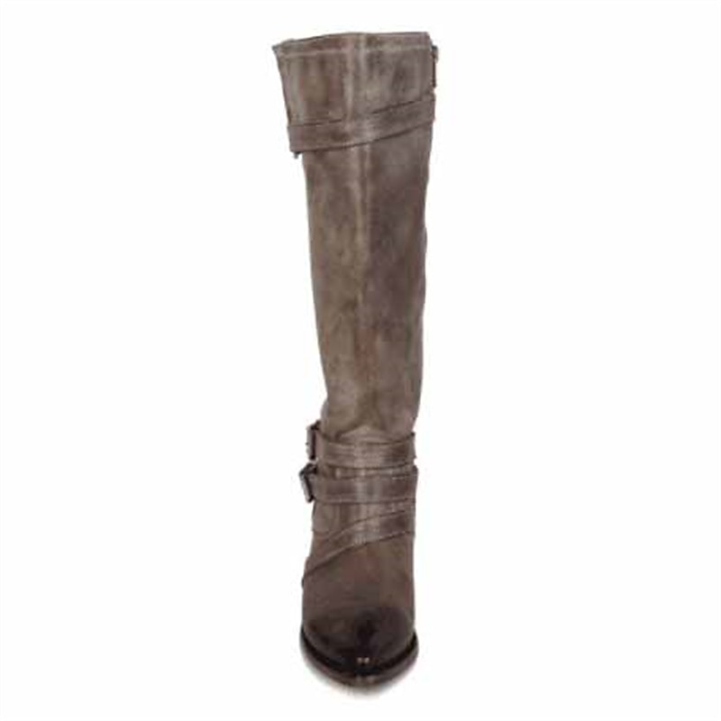 Women's Brown Knee-High Boots with Buckle Straps and Low Block Heels - Perfect for Vintage and Casual Styles3