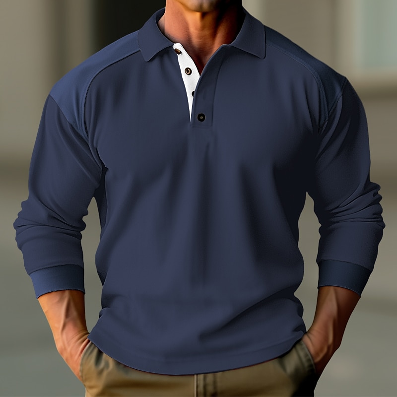 Men's Polo Shirt Button Up Polos Casual Holiday Classic Long Sleeve Fashion Basic Color Block Quick Dry Summer Regular Fit Black White Dark Navy Orange Polo Shirt3