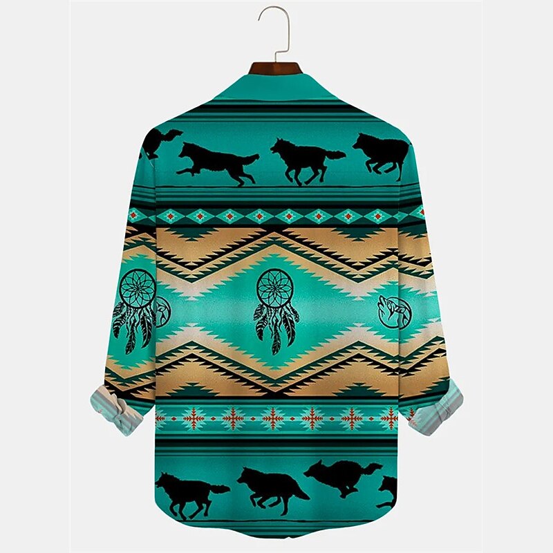 Men's Tribal Bandana Print Shirt Button Up Shirt Long Sleeve Vintage Tribal Daily Wear Going out Weekend Fall & Winter Turndown Print Button-Down Green Khaki2