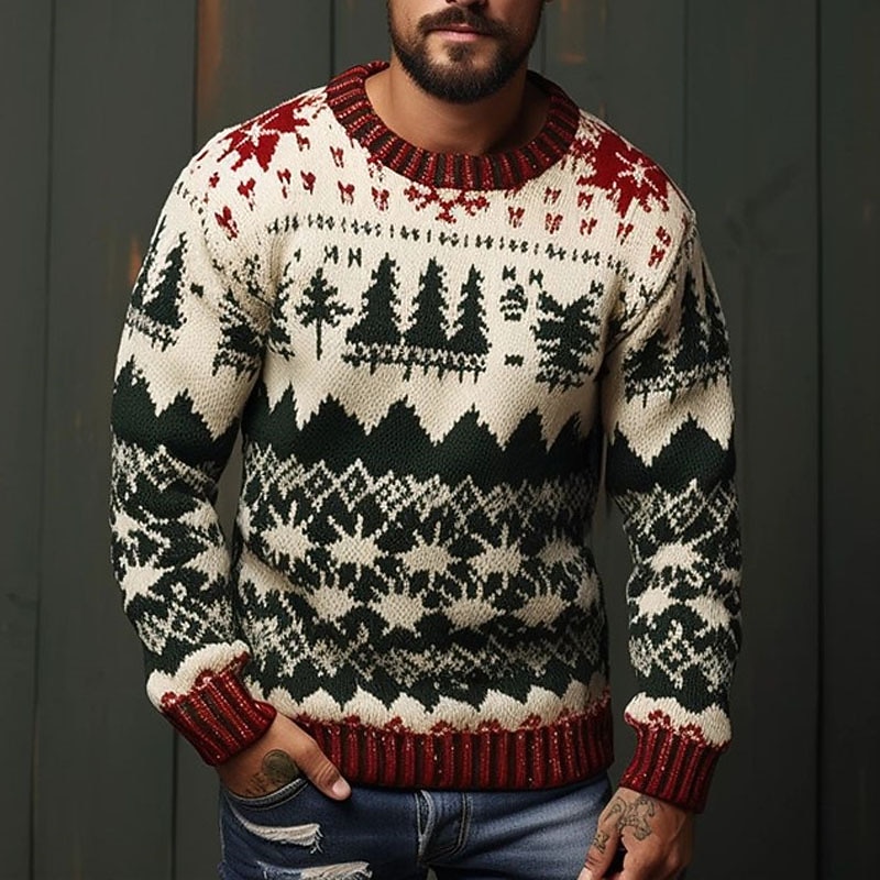 Christmas Tree Geometry Casual Men's Print Knitting Pullover Sweater Jumper Knitwear Outdoor Daily Vacation Long Sleeve Crewneck Sweaters Wine White Dark Navy Fall Winter S M L Sweaters