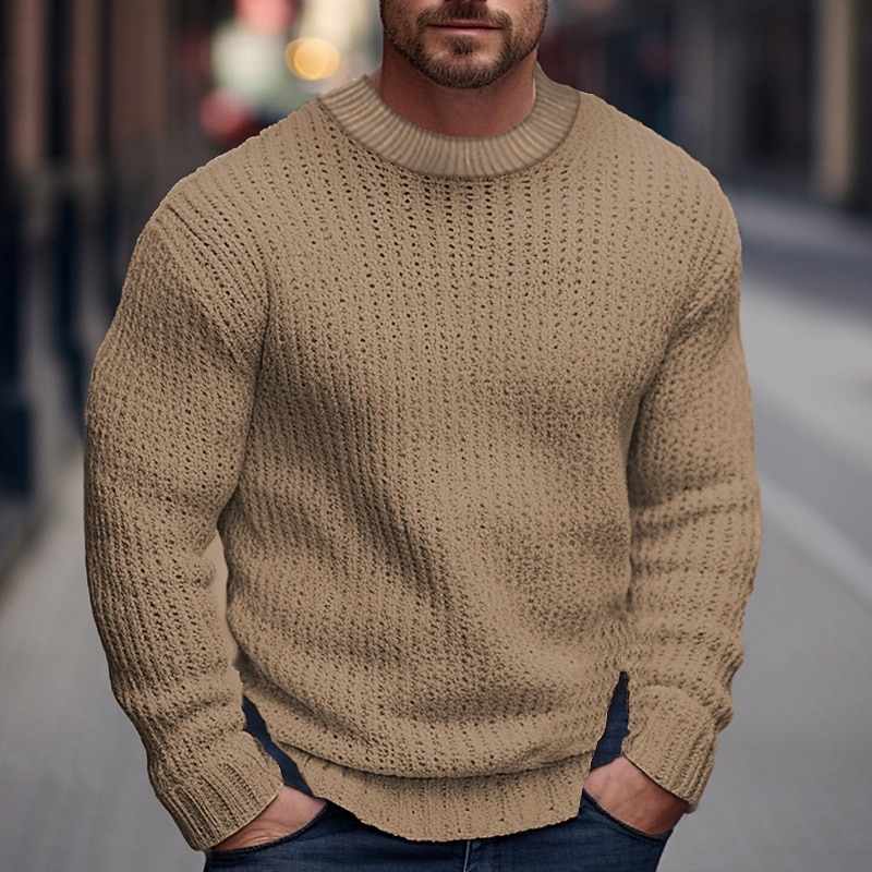 Men's Pullover Sweater Jumper Ribbed Crochet Knit Regular Knitted Plain Crew Neck Modern Contemporary Work Daily Wear Clothing Apparel Winter Black Pink S M L4