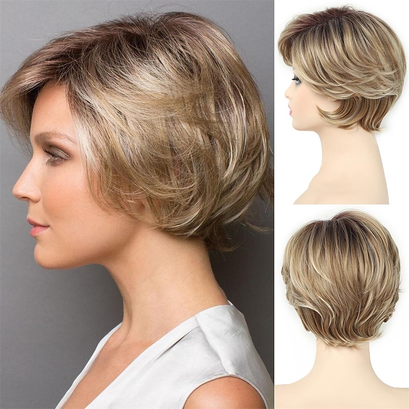Short Blonde Pixie Cut Wigs for White Women Layered Short Wavy Blonde Wigs with Dark Roots Natural Looking Synthetic Hair Womens Wigs