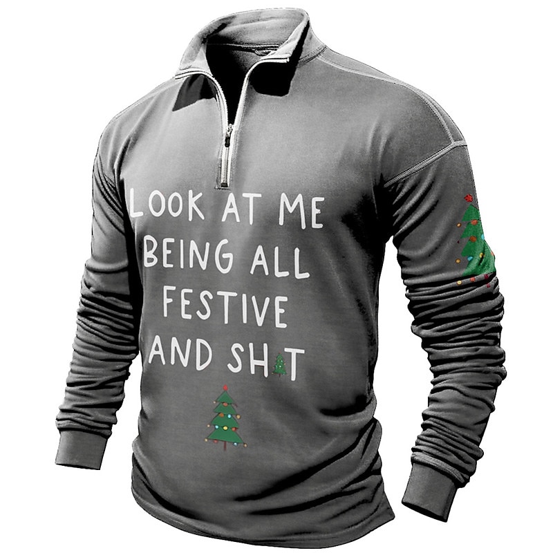 Christmas Men's Funny Christmas 3D Zipper Polo Letter Casual Zip Golf Long Sleeve Outdoor Casual Daily Streetwear Fall & Winter 3D Print Zip Black Wine Blue Micro-elastic Polyester3