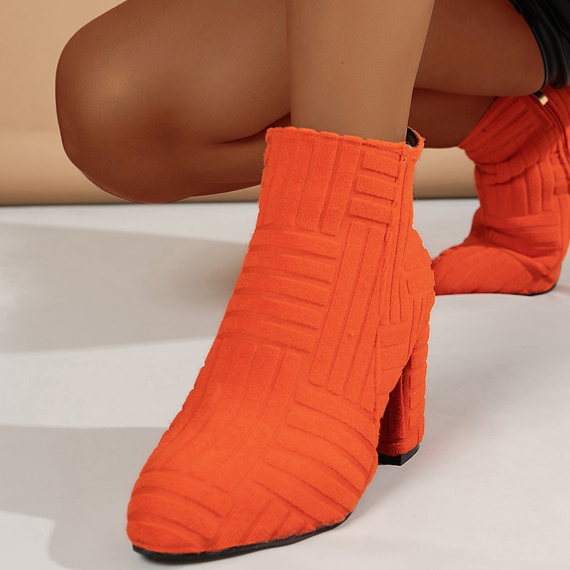 Women's Orange Textured Ankle Boots with Block Heels and Side Zipper – Modern Statement Shoes for Parties and Casual Outfits4