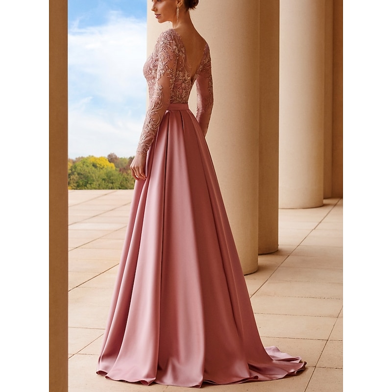 A-Line Mother of the Bride Dress Wedding Guest Elegant Scoop Neck Sweep / Brush Train Stretch Satin Long Sleeve with Lace Sash / Ribbon Ruching2