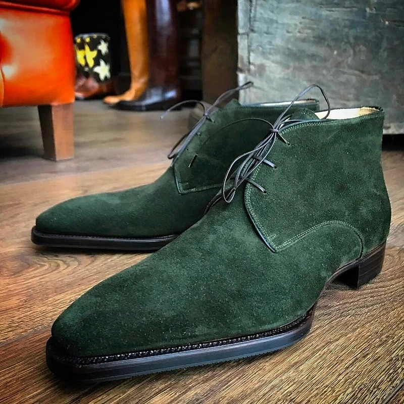 Men's Green Faux Suede Lace-Up Ankle Boots - Elegant and Stylish Footwear for Formal Occasions