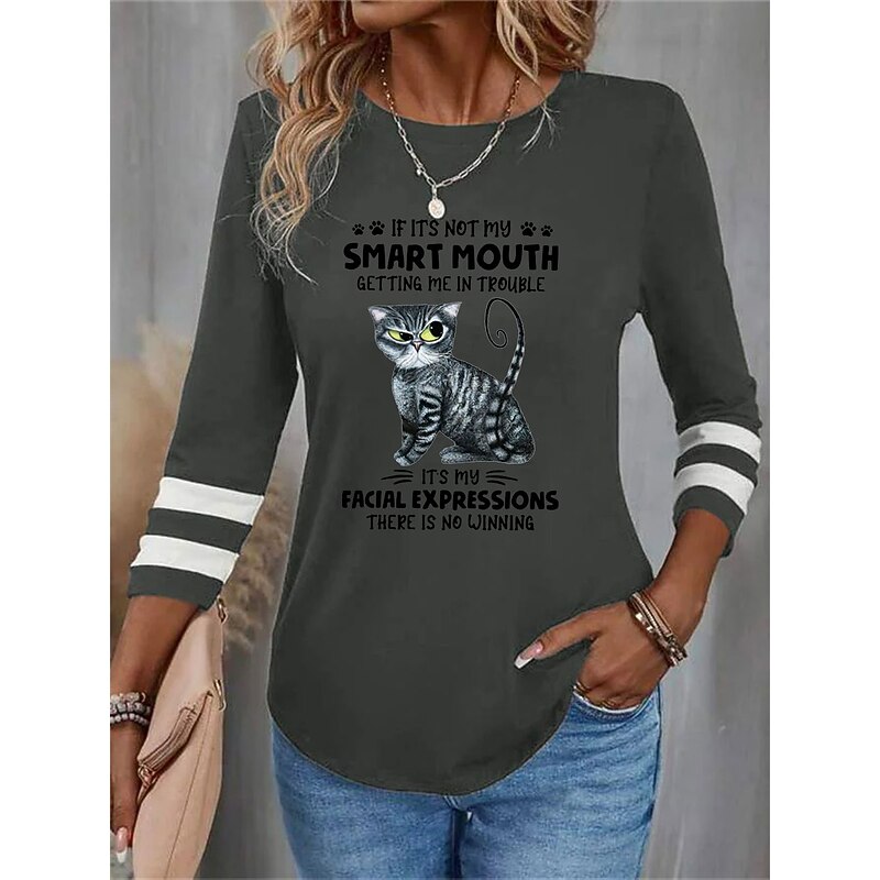 Women's T shirt Crew Neck Long Sleeve Tunic Cat Letter Funny Round Neck Regular Tops Daily Weekend Print Black Red Blue Purple Green Spring & Fall2