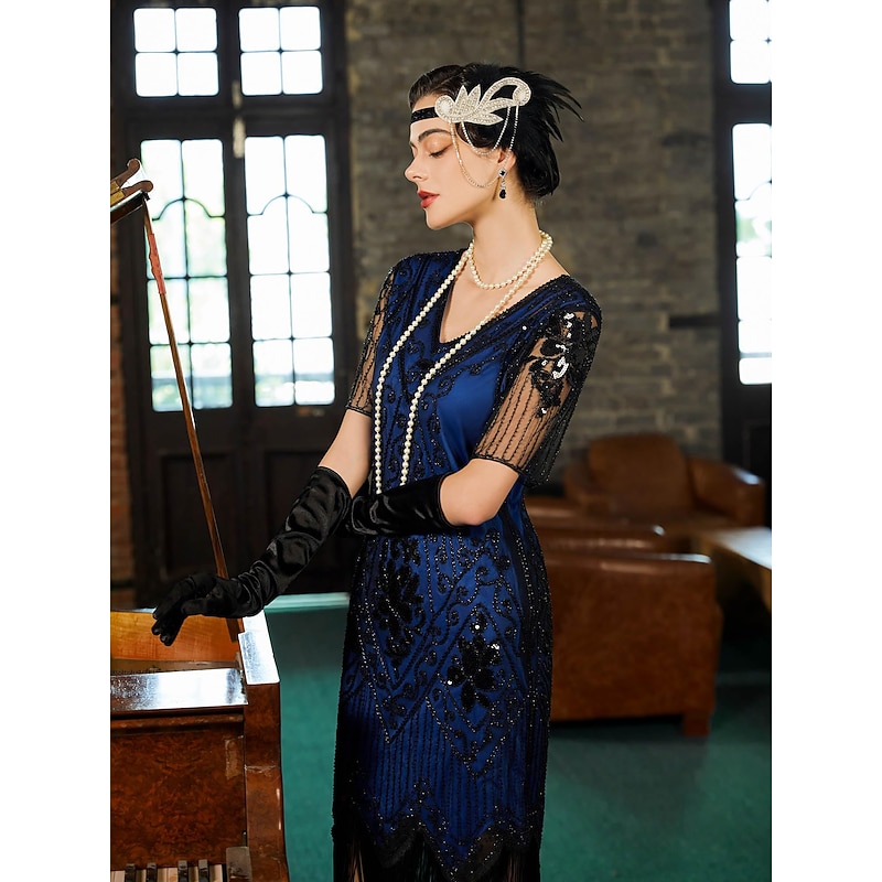 Retro Vintage Roaring 20s 1920s Flapper Dress Outfits Accessories Set The Great Gatsby Wedding Guest Sequins Tassel Fringe Sequin Tassel V Neck Fancy Dress Women's Halloween Carnival Masquerade3