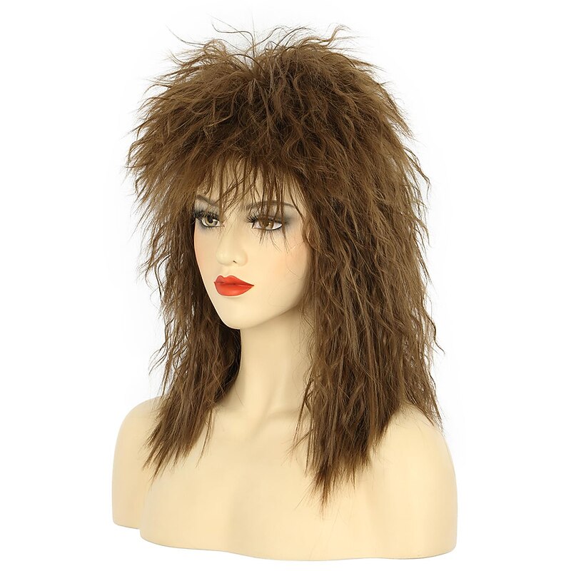 Women Men Long Curly Brown Wig 70s 80s Rocker Mullet Costume Wig Carnival Cosplay Party Wig Halloween Wigs2