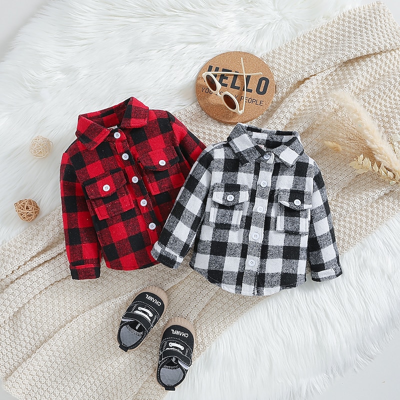 Kids Girls' Children's Day Shacket Plaid Fashion Crewneck Outdoor Cotton Coat Outerwear 3-6 Y Spring Black White Pink3
