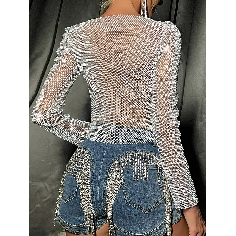 Metallic Sparkle Sexy Shirt Sheer Mesh Rhinestone Cover Up Disco Deep V Fancy Dress Women's Carnival Party Club Adults' Top4
