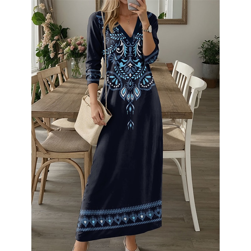 Women's Maxi Dress Casual Dress T Shirt Dress Tee Dress Floral Tribal Pocket Print V Neck Long Dress Maxi Dress Vintage Ethnic Date Vacation Long Sleeve Fall Winter2
