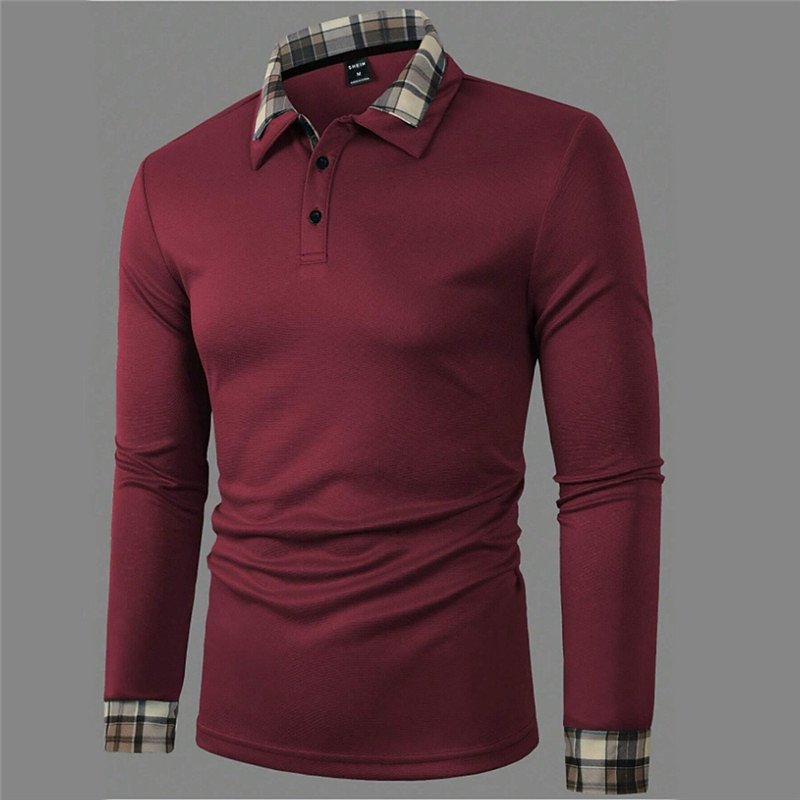 Men's Button Up Polos Polo Shirt Casual Sports Lapel Long Sleeve Fashion Basic Plaid Color Block Button Spring &  Fall Regular Fit Black Red Blue Brown Button Up Polos2