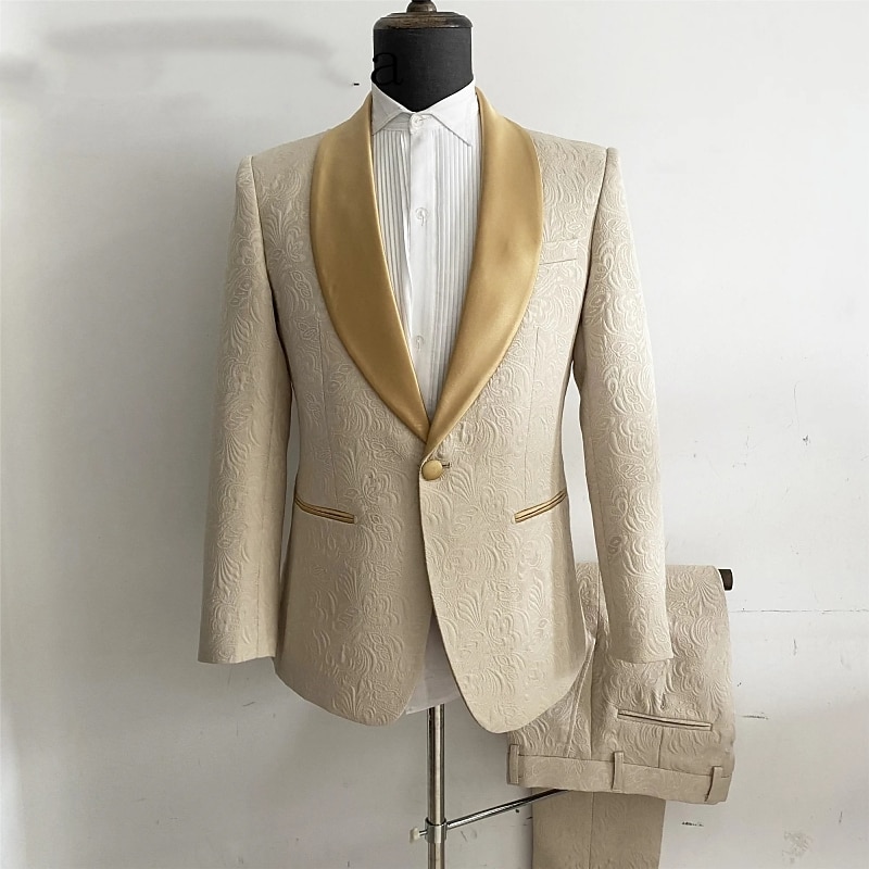 Men's Wedding Suits Shawl Lapel Shawl Collar Black Champagne Jacquard Floral Tailored Fit 2 Piece Single Breasted One-button2